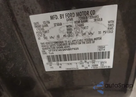 2006 Ford F-150 Fx4/Lariat/Xl/Xlt из США, поврежденный, VIN 1FTPX14V26NB07925